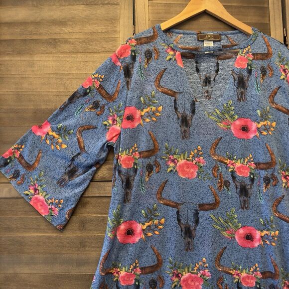 L&B Lucky &‎ Blessed Blue Floral Cow Skull Print Western Art Boho Gypsy Top Sz L - Picture 8 of 15